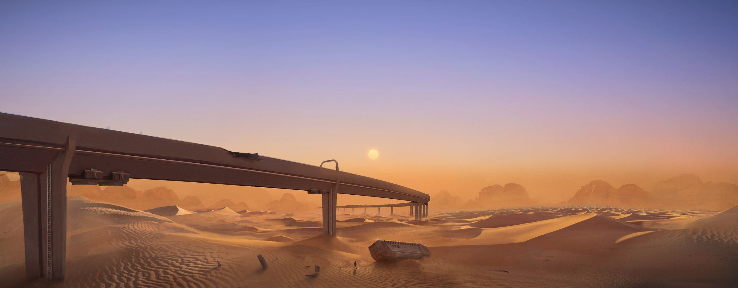 Concept art: a broken bridge across a desert at sunset